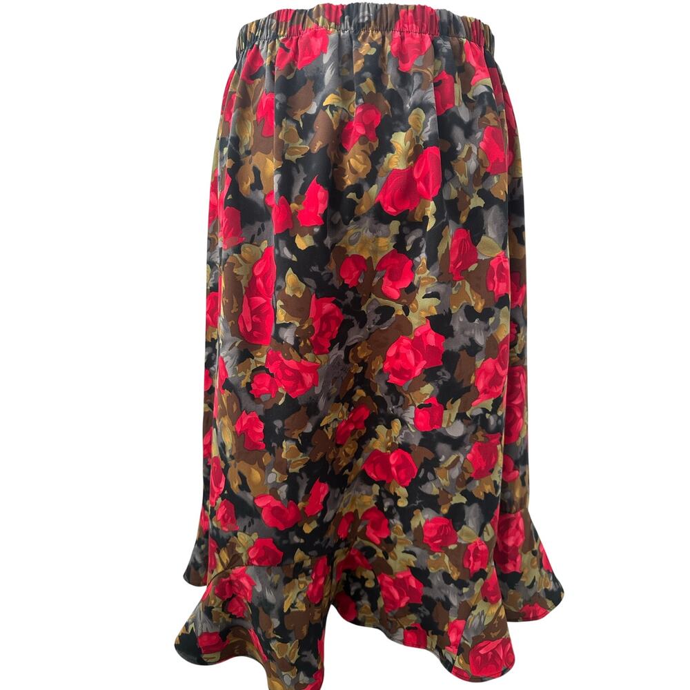Southern Lady Red Black Floral Ruffle Dark Bright Pull on Full Midi Skirt 14
